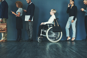 Waiting, interview line and woman inclusion in wheelchair for business recruitment in office. Diversity, technology and employee people with disability in waiting room queue for hiring inn workplace - obrazy, fototapety, plakaty