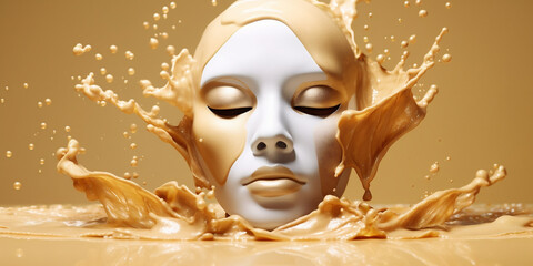 Shiny masks isolated on golding water cosmetic cream background. Closeup of Gold Cosmetic Face Mask on soft skin. Banner . AI Generative