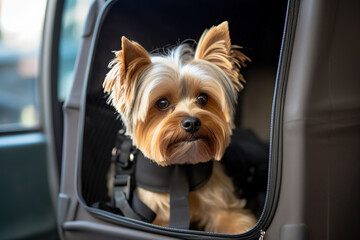 Dog sits in a pet carrier. Moving with animals. Carrying for animals 