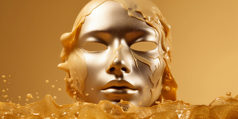 Shiny masks isolated on golding water cosmetic cream background. Closeup of Gold Cosmetic Face Mask on soft skin. Banner . AI Generative