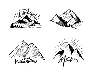 Mountains black art sketch and text lettering