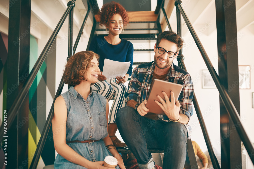 Aufkleber teamwork, designers or happy people with tablet or paperwork in meeting for data analysis or online 
