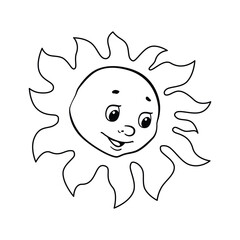 Sun smiles vector drawing. Cartoon style. Outline for coloring.
