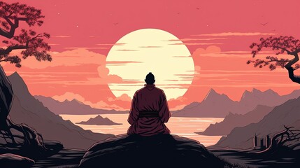A monk meditating in a serene mountain setting. Fantasy concept , Illustration painting. Generative AI - obrazy, fototapety, plakaty