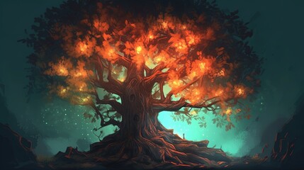 Fototapeta na wymiar A mystical tree with glowing branches. Fantasy concept , Illustration painting. Generative AI