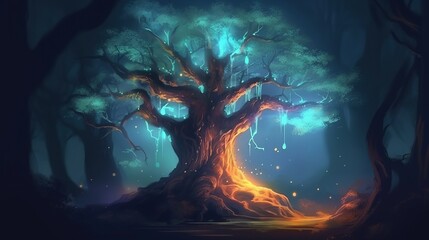 A mystical tree with glowing branches. Fantasy concept , Illustration painting. Generative AI