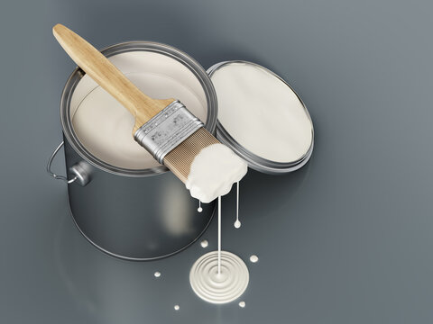 Open paint can and brush with dripping white paint on gray background. 3D illustration