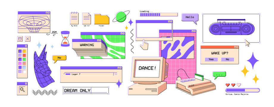 90s interface elements, UI in retro vaporwave style. 2000s digital aesthetics. Nostalgic windows, frames, popup messages set. Colored flat graphic vector illustrations isolated on white background