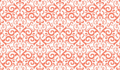 Wallpaper in the style of Baroque. Seamless vector background. White and pink floral ornament. Graphic pattern for fabric, wallpaper, packaging. Ornate Damask flower ornament