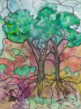 How trees are connected to everything. The dabbing technique near the edges gives a soft focus effect due to the altered surface roughness of the paper.