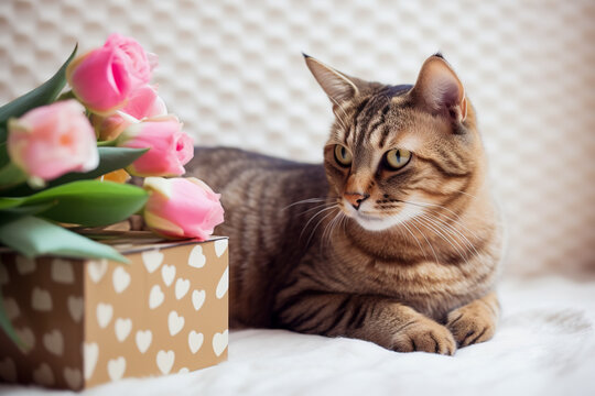 Cute cat, flower and  gif box. Kitten and tulp flower, gif box on white background. Beauty cat and beautiful flower. Happy birthday, wedding, hygge, cozy  Holiday concept