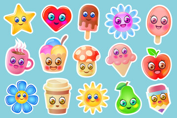 Fototapeta premium Cute stickers collection. Funny stickers with happy, funny cartoon characters. Cute flowers, ice creams, fruits and other cute characters.