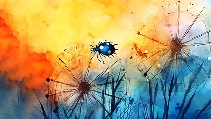 Dandelion seeds blowing in the wind. Summer field.  Post processed AI generated image