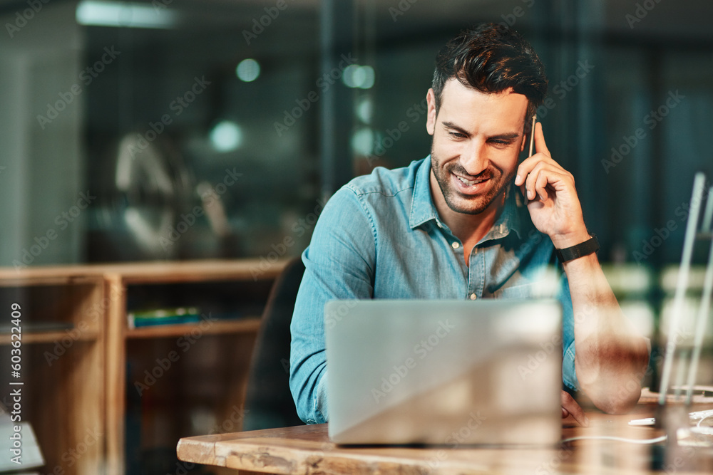 Aufkleber happy man talking with phone at laptop in office, conversation and communication for online planning