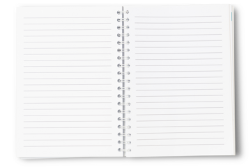 closeup photo of blank open Ring Binder Notebook Planner in lines isolated over transparent background, business stationery, school, art or craft supply, top view / flat lay for your scenes, copyspace