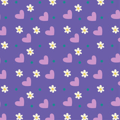 Cute seamless purple pattern with daisies, hearts and circles