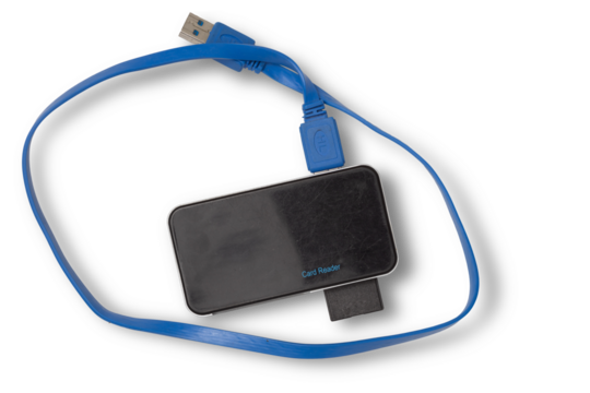 photo of used old black SD / CF Card reader with blue usb cable isolated over a transparent background, cutout photography design elements, flat lay / top view with subtle shadow