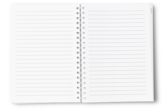 closeup photo of blank open Ring Binder Notebook Planner in lines isolated over transparent background, business stationery, school, art or craft supply, top view / flat lay for your scenes, copyspace