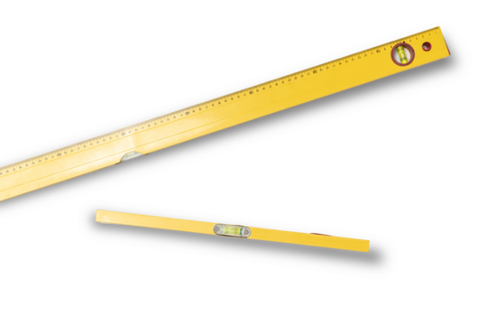 Two old used yellow bubble level / spirit-level isolated over a transparent background, cutout construction design elements, flat lay / top view with subtle shadow