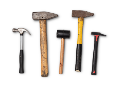 Collection of old used vintage hammers, wooden and rusty, isolated over a transparent background, craft / craftsmanship / father's day design elements