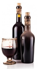 Vintage retro old wine bottle with glasses, white background isolate. AI generated.