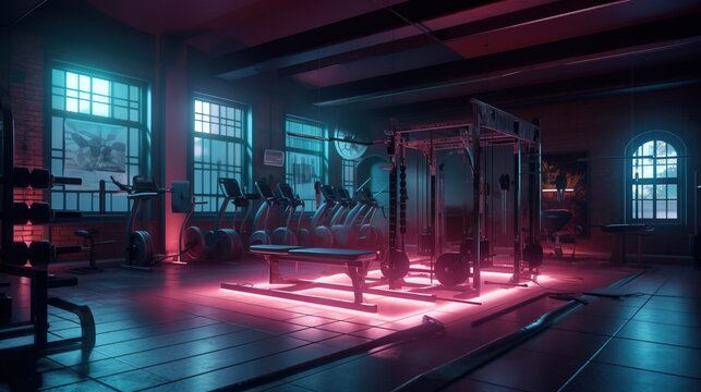 Sports empty club, fitness gym with a group of exercise machines and bike paths. AI generated.