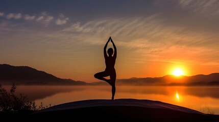 International day of yoga, illustration of women on mountain top sun background. AI generated.
