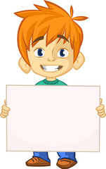 Cute cartoon boy child holding blank paper or advertisement board for text. Vector ilustration
