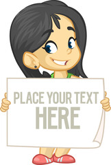Cute cartoon girl child holding blank paper or advertisement board for text. Vector ilustration