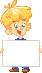 Cute cartoon boy child holding blank paper or advertisement board for text. Vector ilustration