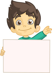 Cute cartoon boy child holding blank paper or advertisement board for text. Vector ilustration