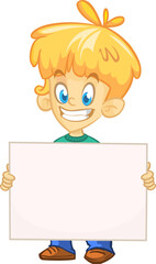 Cute cartoon boy child holding blank paper or advertisement board for text. Vector ilustration