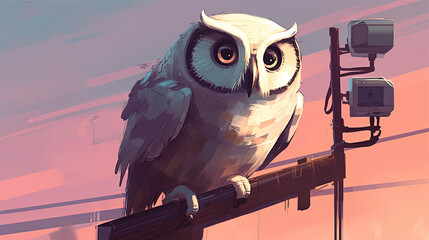 An owl perched on a surveillance camera. Fantasy concept , Illustration painting. Generative AI