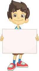 Cute cartoon boy child holding blank paper or advertisement board for text. Vector ilustration