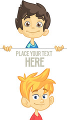 Cute cartoon boy child holding blank paper or advertisement board for text. Vector ilustration