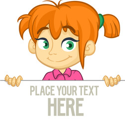 Cute cartoon girl child holding blank paper or advertisement board for text. Vector ilustration