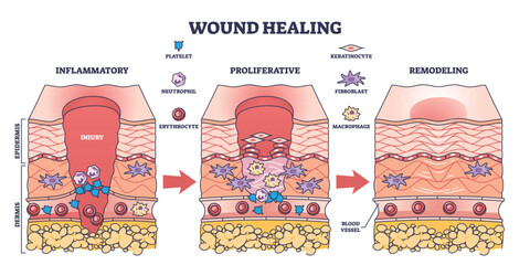 Process of wound healing and anatomical body injury repair outline diagram. Labeled educational scheme with medical epidermis skin inflammatory, proliferative or remodeling stages vector illustration - obrazy, fototapety, plakaty