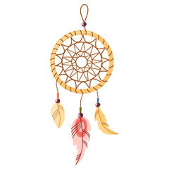 Dreamcatcher. Bold native American handmade dreamcatcher, template ethnic round talisman with feathers threads and beads rope hanging. Flat cartoon vector illustration