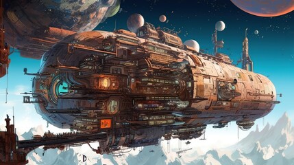 A space station orbiting a fantasy world. Fantasy concept , Illustration painting. Generative AI