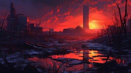 A post-apocalyptic wasteland with a blood-red sky in the background. Fantasy concept , Illustration painting. Generative AI - obrazy, fototapety, plakaty