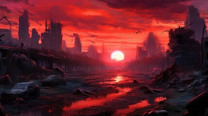 A post-apocalyptic wasteland with a blood-red sky in the background. Fantasy concept , Illustration painting. Generative AI