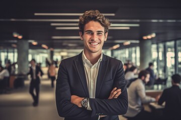 young businessman in a modern office open space, ai tools generated image