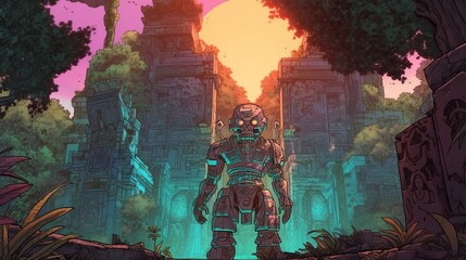 A robot exploring an ancient temple. Fantasy concept , Illustration painting. Generative AI