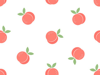 Seamless pattern of peach fruit with green leaves on white background vector illustration. Cute fruit print.