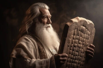 Moses, the wise and determined leader, with a flowing white beard and a commanding presence, holding the stone tablets of the Ten Commandments, bokeh Generative AI