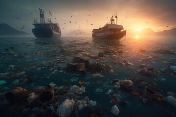 Fototapeta premium seascape with assortet plastic garbage floating on the waves of the sea, environment pollusion concept, ai tools generated image