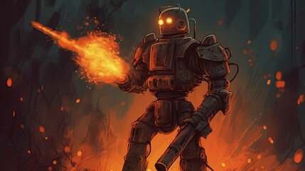 Fototapeta na wymiar A robot with a flamethrower. Fantasy concept , Illustration painting. Generative AI