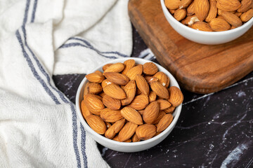 Almond. Almond in ceramic bowl. superfood. Vegetarian food concept. healthy snacks