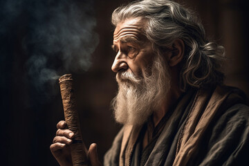 Nicodemus, the curious and cautious Pharisee, with a scholarly appearance and a contemplative expression, holding a scroll of scripture, bokeh Generative AI