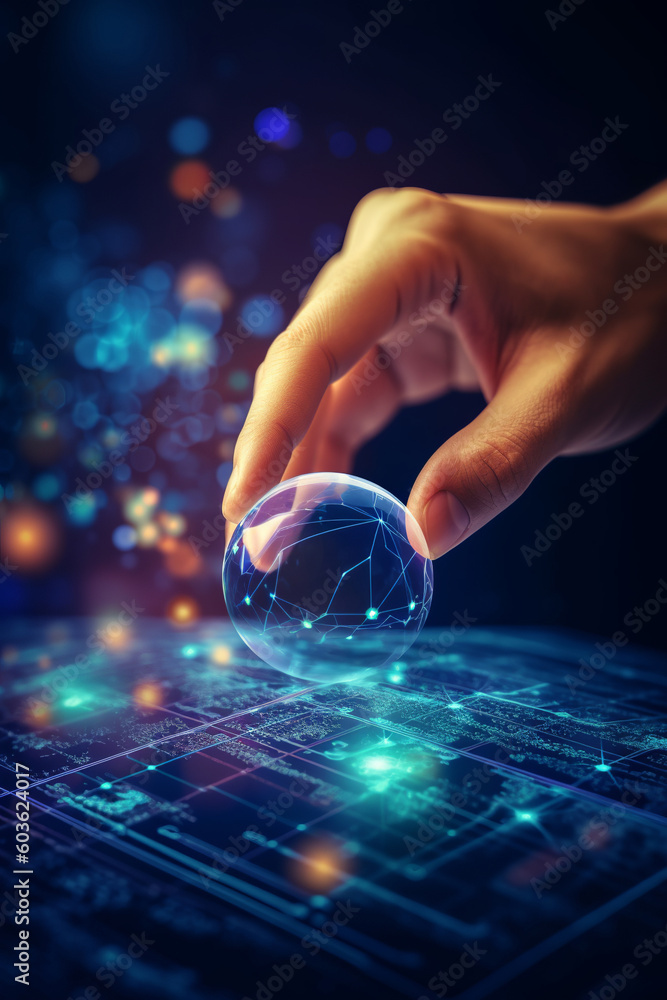 Poster man hand touching on search bar for search engine optimization or seo concept to find information or